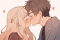 Romantic Couple Sharing A Sweet Forehead Kiss, Drawn In Cute Anime Style Royalty Free Stock Photo