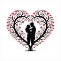 Romantic Couple Silhouette Inside Heart Shaped Tree with Red Hearts Royalty Free Stock Photo
