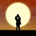 Romantic couple silhouette kiss by sunset