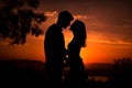 Romantic couple silhouette at sunset nearly tree. Generative AI