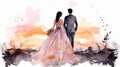Watercolor couple silhouette against sunset, romantic wedding concept Royalty Free Stock Photo