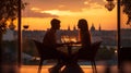 romantic couple sit in restaurant at sunset sea Royalty Free Stock Photo