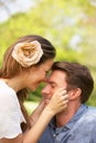 Romantic Couple Sitting In Field Of Summer Flowers Royalty Free Stock Photo