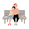 Romantic couple sitting together on bench isolated on white background. Young stylish man and woman in love. Hipster boy