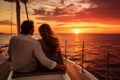 Romantic couple sitting on a yacht at sunset in the sea. Back view Royalty Free Stock Photo