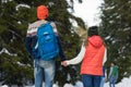 Romantic Couple Snow Forest Outdoor Winter Walk Man And Woman Holding Hands Back Rear View Royalty Free Stock Photo