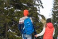 Romantic Couple Snow Forest Outdoor Winter Walk Man And Woman Holding Hands Back Rear View Royalty Free Stock Photo