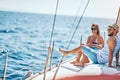 Romantic couple spending time together and relaxing on yacht Royalty Free Stock Photo