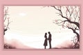 a romantic couple standing in front of a tree with pink blossoms Royalty Free Stock Photo