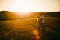 Romantic couple standing and kissing on background summer field sunflower sunset Royalty Free Stock Photo