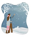 Romantic couple standing in winter season with snowflakes