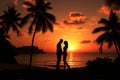 A romantic couple stands before a sunset, framed by palm trees\' silhouettes