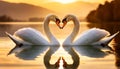 Romantic Couple of Swans Form a Heart at Sunset - Generative Ai Royalty Free Stock Photo