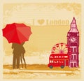 Romantic couple of Tourists in London, abstract vintage card