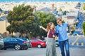 Romantic couple of tourists using tablet in San Francisco, California, USA Royalty Free Stock Photo