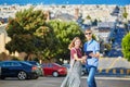 Romantic couple of tourists using tablet in San Francisco, California, USA Royalty Free Stock Photo