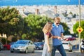 Romantic couple of tourists using tablet in San Francisco, California, USA Royalty Free Stock Photo