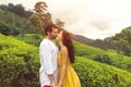 Couple of Travelers in Love in Front of Nature Background Tea Plantations Landscape Royalty Free Stock Photo