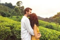 Couple of Travelers in Love in Front of Nature Background Tea Plantations Landscape Royalty Free Stock Photo