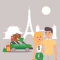 Romantic couple traveling around the world with car, vector illustration. Sightseeing road trip journey on honeymoon