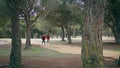 Romantic couple walking forest calm autumn day. Active pair going on park path.