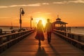 A romantic couple walking hand in hand on a pier at sunset, surrounded by vintage beach props and capturing the magic of summer