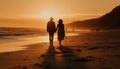 Romantic couple walking on sandy beach at sunset holding hands generated by AI Royalty Free Stock Photo