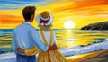 Romantic couple watching sunset by the sea Royalty Free Stock Photo