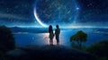 romantic couple young woman and man in white dress stay on earth and watch starry sky moon planet surrealism