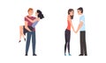 Romantic couples in love. Happy young people holding hands, loving man carrying his woman cartoon vector illustration Royalty Free Stock Photo