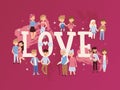 Romantic couples in love, vector illustration. Typography poster, book cover with people of different ages and genders Royalty Free Stock Photo
