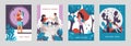 Romantic couples posters. Cartoon characters walking and enjoying time together, postcards with love scenes. Vector