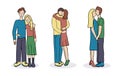 Romantic couples. A set of cute vector characters. Young guy and girl in love and hugging. A scene of tenderness and display of