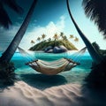 Romantic cozy hammock between palm trees on the tropical beach by the sea Generative AI