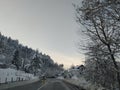 Romantic cozy road trip during cold winter in the nature next to trees in holiday season with empty road ahead Royalty Free Stock Photo