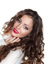 Romantic Curly Brunette Girl in White Warm Sweater - Elation Royalty Free Stock Photo