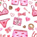 Romantic and cute valentines day seamless pattern. Watercolor hand painted men and women lingerie, red and pink hearts, gift box