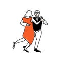 Romantic dance couple. Woman in elegant red dress and men in black vest with tie. Tango illustration, social dancing
