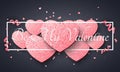 Romantic dark background for Valentines day. Light pink hearts of glitters. Luxury card for Valentines day. Curl ribbons and confe