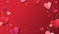 Romantic dark red background for Valentine`s Day with paper red and pink hearts and golden confetti. - Vector