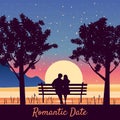 Romantic Date Couple lovers on bench in park, under trees. Sunset, night, stars. Vector Happy Valentines Day Royalty Free Stock Photo