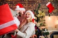 Romantic date. greeting time. Huge surprise. woman and man love xmas. happy new year. Santa gift delivery. family