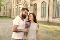 Romantic date. Guy prepared surprise bouquet for girlfriend. True feelings. Pick up girl for date. Bearded hipster fall