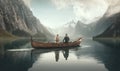 Romantic Date on a Lake: Young Couple in a Boat with Alpine Mountains in the Background. Royalty Free Stock Photo