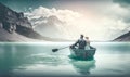 Romantic Date on a Lake: Young Couple in a Boat with Alpine Mountains in the Background. Royalty Free Stock Photo