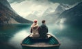 Romantic Date on a Lake: Young Couple in a Boat with Alpine Mountains in the Background. Royalty Free Stock Photo