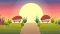 Romantic date in nature park against the sunset sky. purple pink clouds and green sprout grass and trees in the garden. cartoon Royalty Free Stock Photo