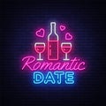 Romantic Date neon sign vector design template. Romantic dinner neon logo, light banner design element colorful modern Royalty Free Stock Photo