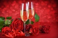 Romantic date night concept. Champagne, gift and roses on a festive red background with hearts Royalty Free Stock Photo