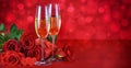 Romantic date night concept. Champagne, hearts, gift and roses on a festive red background Royalty Free Stock Photo